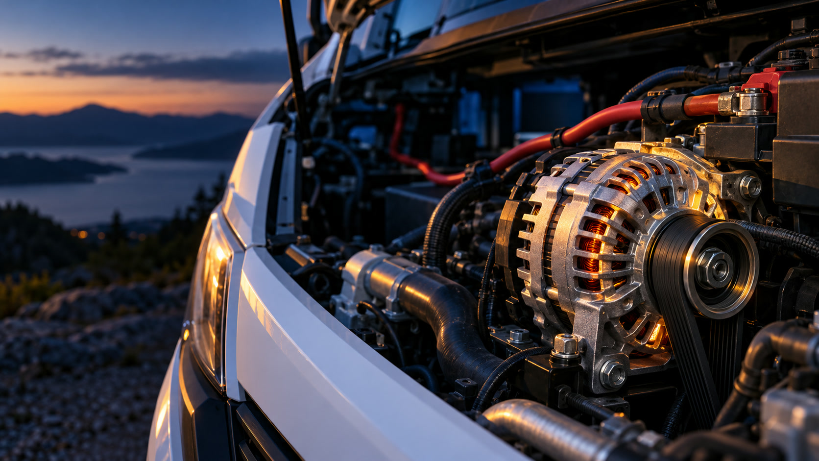 Lichtmaschine im Motorraum eines Wohnmobils, innen warm glühend, mit Ladeleitung zum Ladebooster