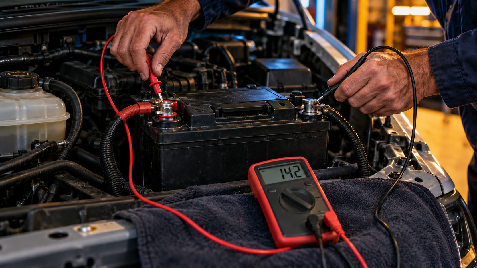 Multimeter misst 14,2 Volt direkt an den Polen der Starterbatterie im Motorraum
