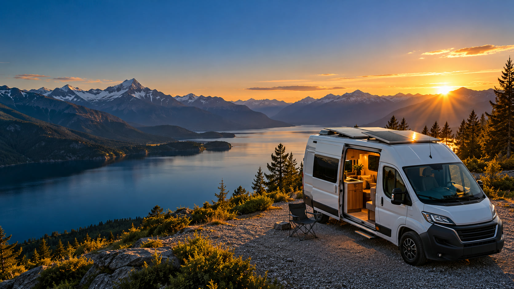 Wohnmobil mit Solarmodulen auf dem Dach am See bei Sonnenuntergang