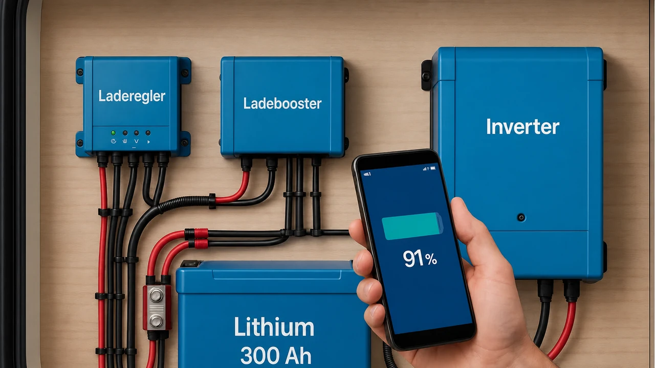 LiFePO4-Batterie, Victron SmartSolar Laderegler und Kabelwege im Wohnmobil