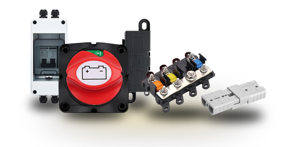 DC-Trennautomat, Batterie-Hauptschalter, Mega-Fuse-Halter, Midi-Fuse-Halter 4-fach und Anderson-Stecker