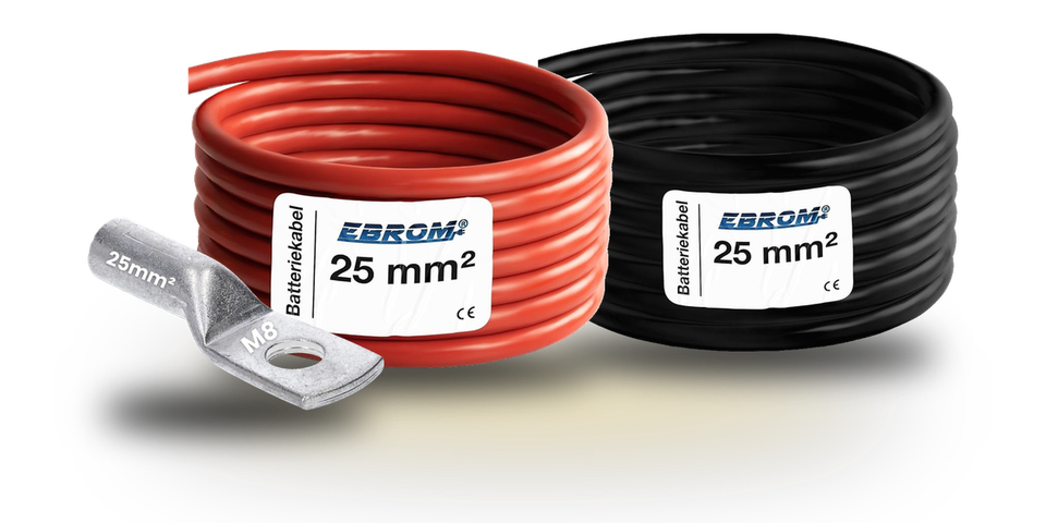 Batteriekabel 25 mm² rot und schwarz mit Rohrkabelschuh 25 mm² M8