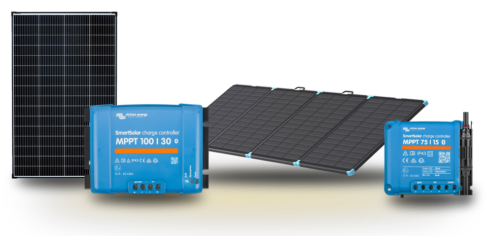 Solarmodul, Victron SmartSolar MPPT 100/30, Solartasche 300 W, Victron SmartSolar MPPT 75/15 und MC4-Stecker